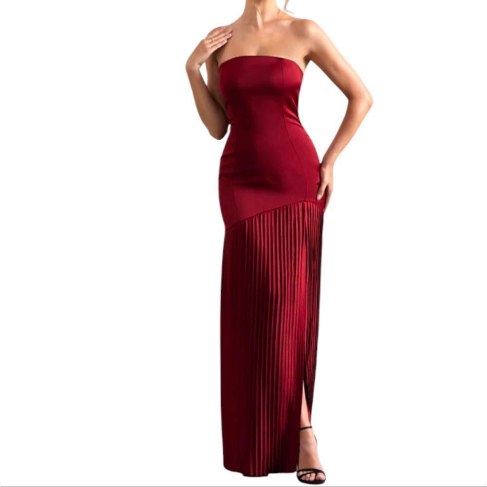 Club L London Confidence Burgundy Satin Bandeau Pleated Split Maxi Dress